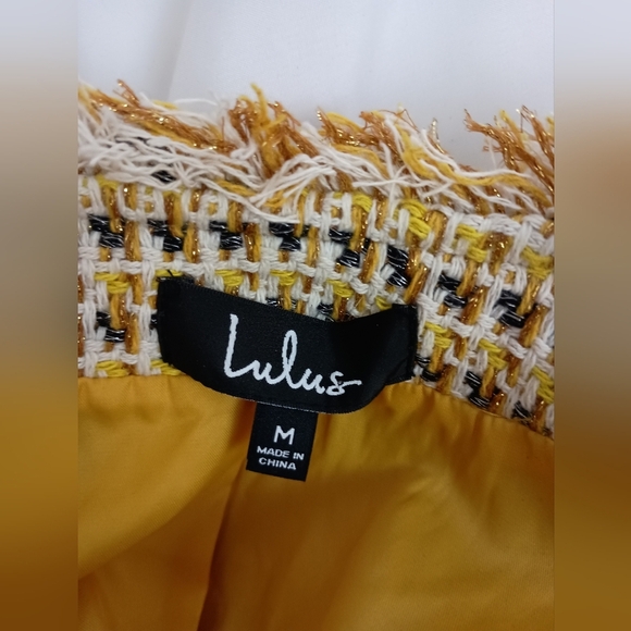 LULU'S Yellow Multi Color Tweed Patchwork Casual Corpcore Barbiecore Jacket - Picture 3 of 11